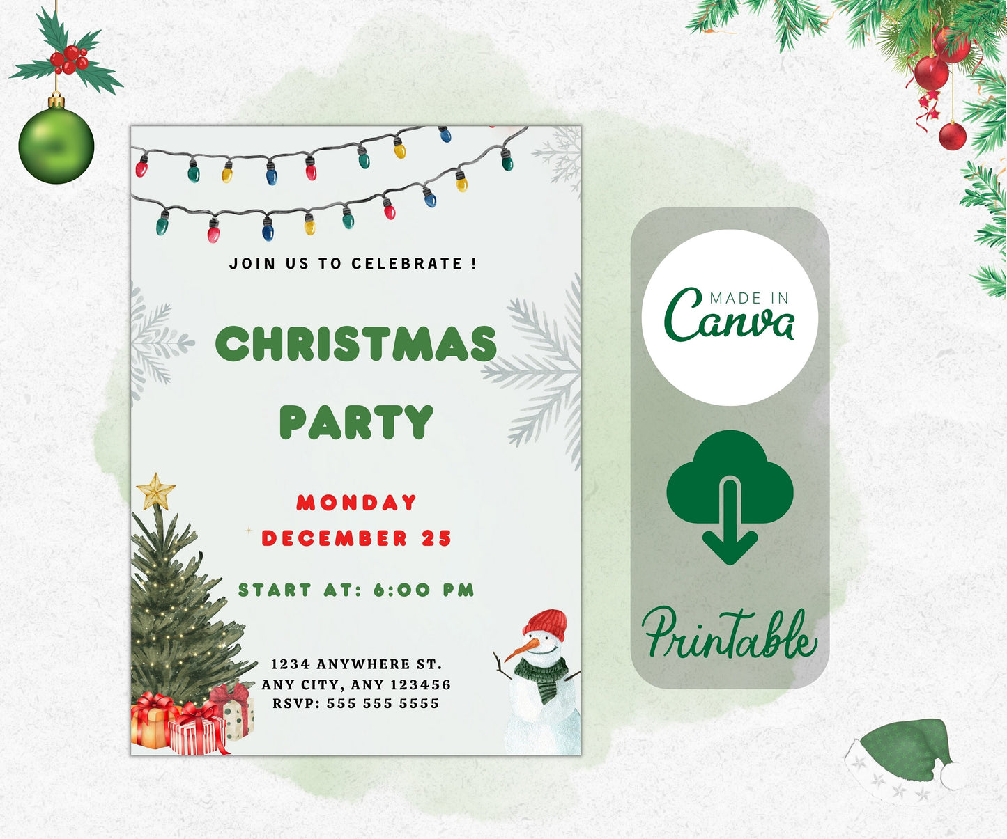 Editable Christmas Party Invitation, Jingle and Mingle Party Invitation, Christmas Birthday Invitation, Santa Claus Party Card Invitation