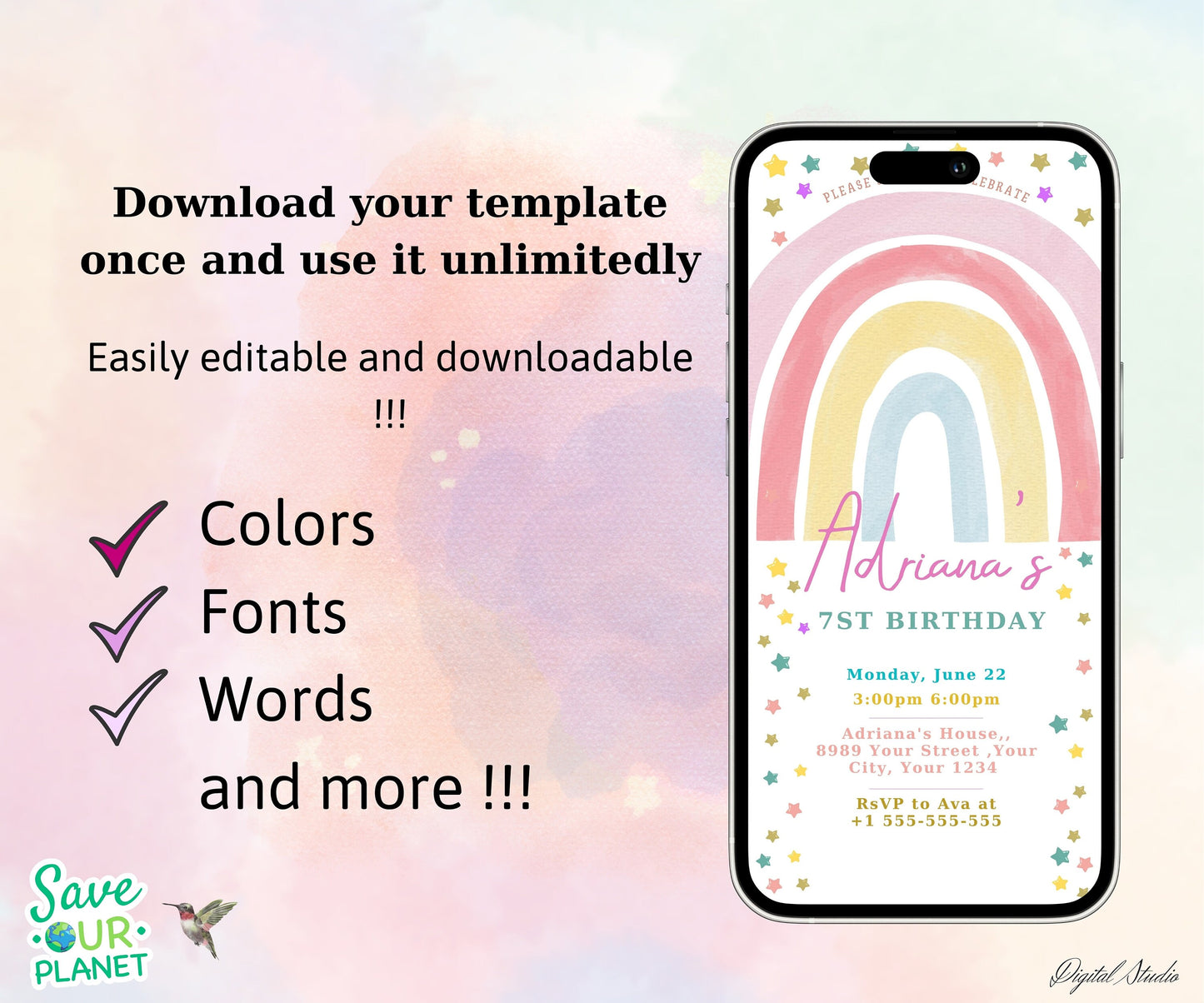 Rainbow Pink Birthday Invitation, Editable Rainbow Colorful  Birthday Invitation, Modern Stars Boho Girls Birthday Template, Message Invite