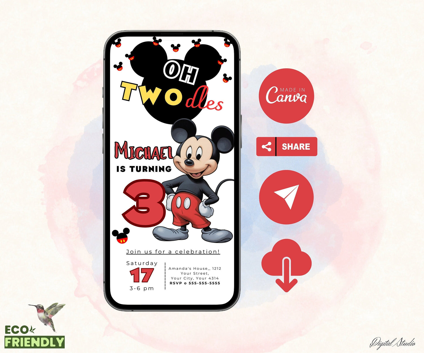 Mickey Birthday Invitation, Mickey Birthday Invitations, Digital Kids Party Invite, Mouse Template, Instant Download, Evite Birtday Card