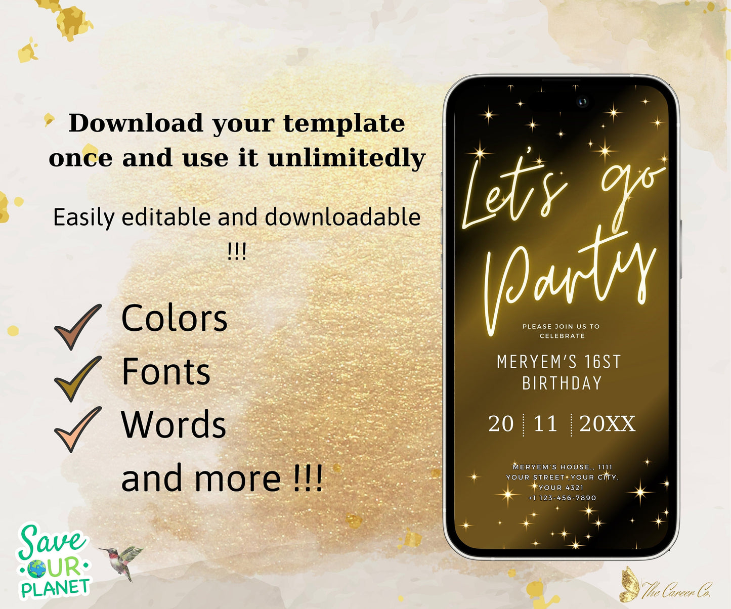 Digital Gold Star Birthday Invitation Template, DIY Electronic Birthday Invite, Editable Let's Go Text Message Evite, Custom Any Age Invite