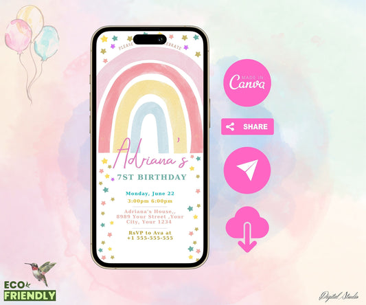 Rainbow Pink Birthday Invitation, Editable Rainbow Colorful  Birthday Invitation, Modern Stars Boho Girls Birthday Template, Message Invite