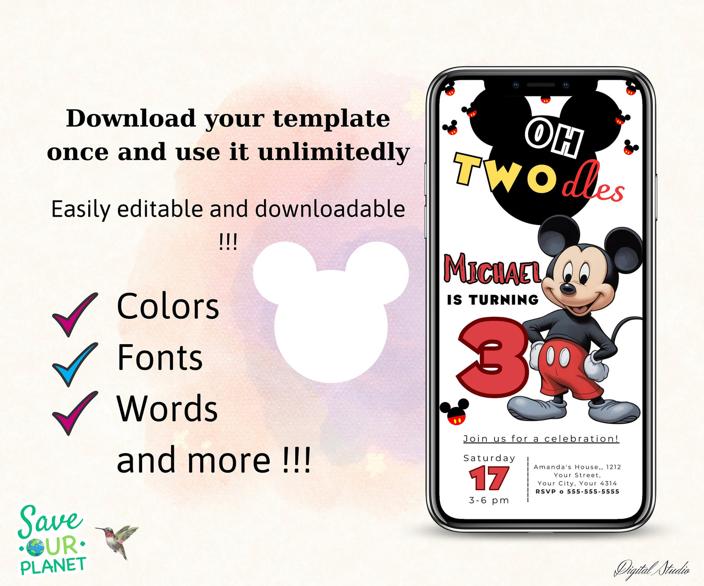 Mickey Birthday Invitation, Mickey Birthday Invitations, Digital Kids Party Invite, Mouse Template, Instant Download, Evite Birtday Card