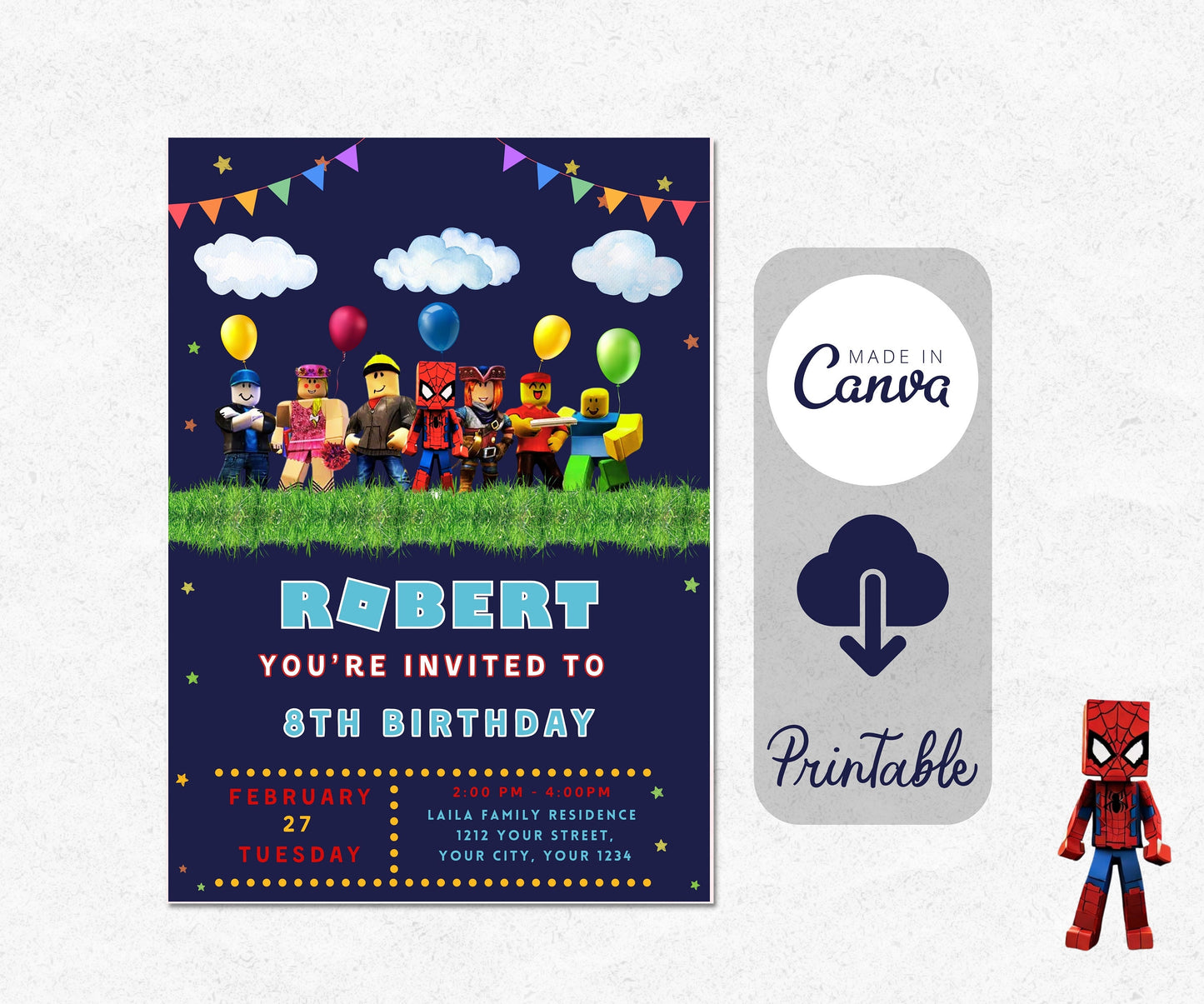 Roblox Invitation, Roblox Invite, Roblox Boys Birthday Invitation Template, Spidey Birthday, Spidey Kids Roblox, Editable Spiderman Template