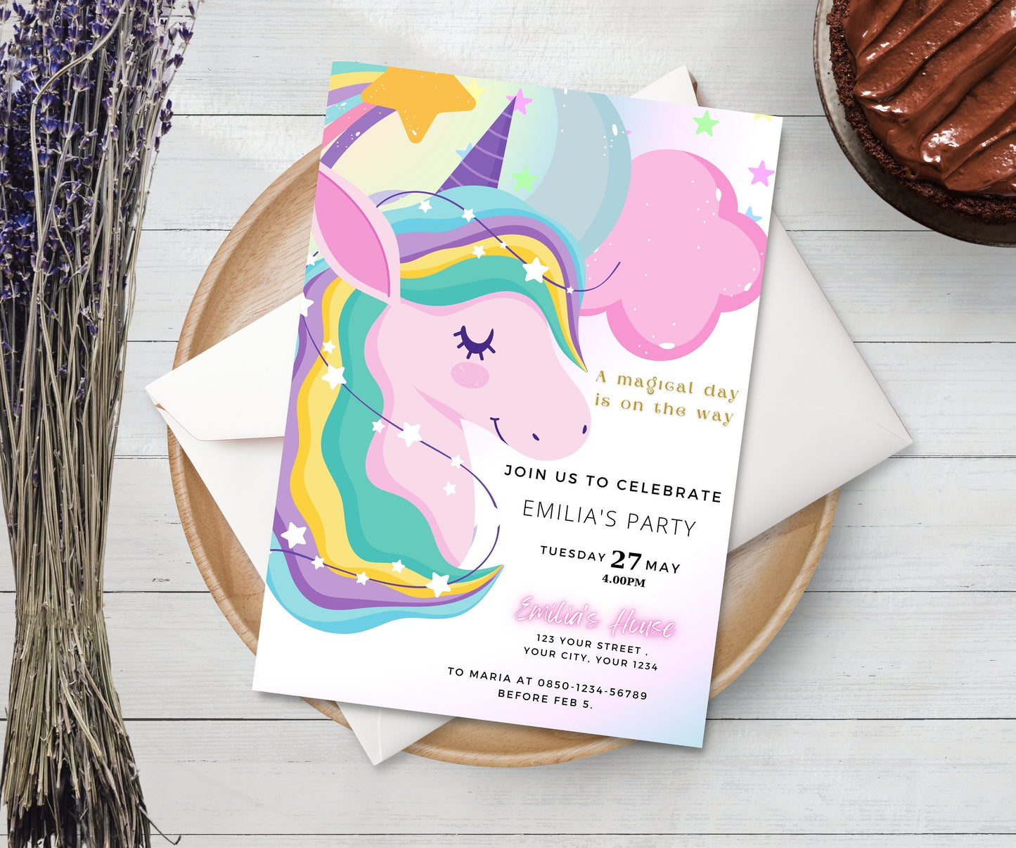 Unicorn Birthday Invitation Rainbow Unicorn Party Invite Pink Purple Unicorn Girl Birthday Invite Editable Unicorn Digital Download