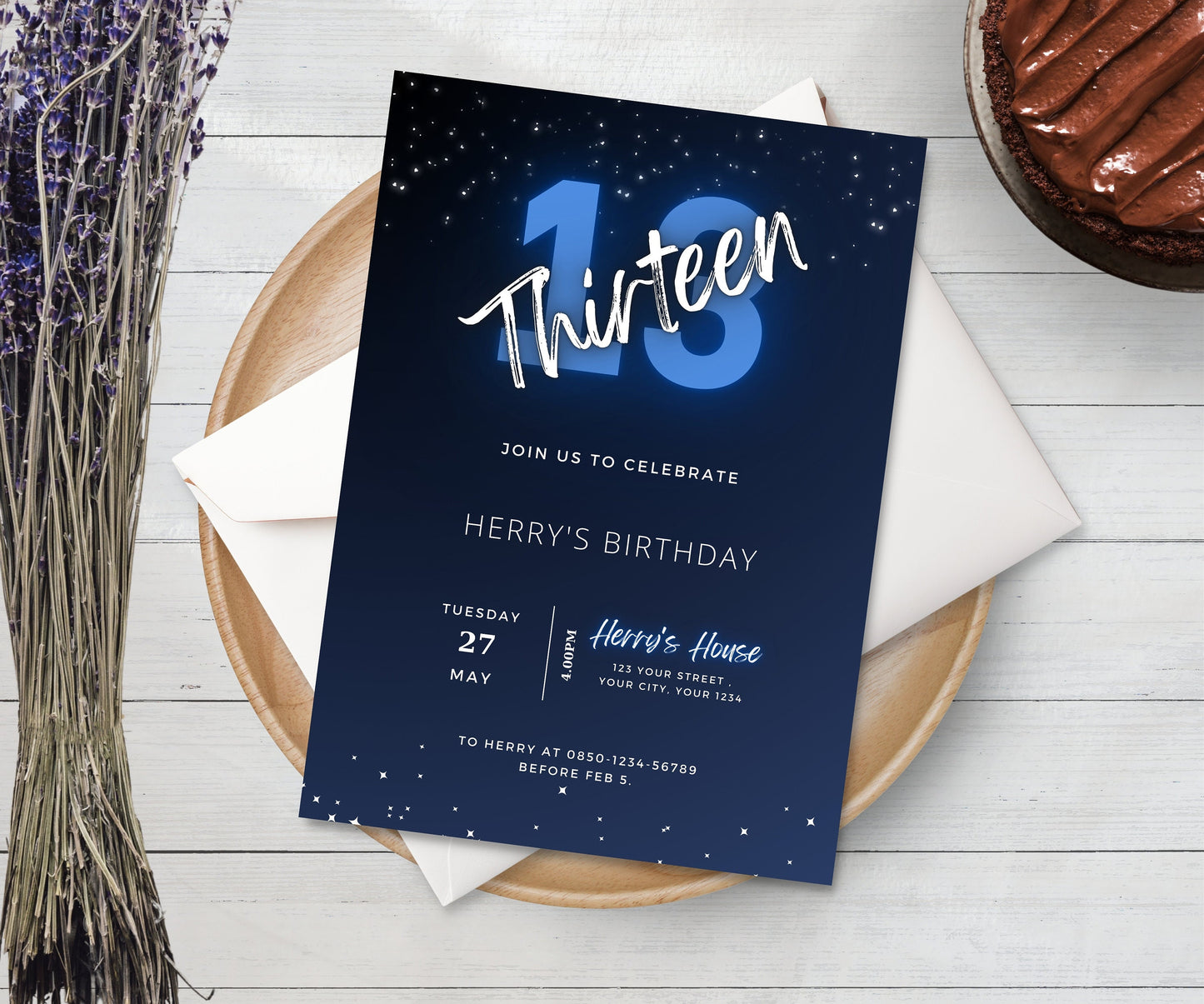 Editable Blue Neon Birthday Invitation, Printable 3th Blue Neon Digital Invitation,  Neon Blue Party Invite, Editable Neon Canva Template