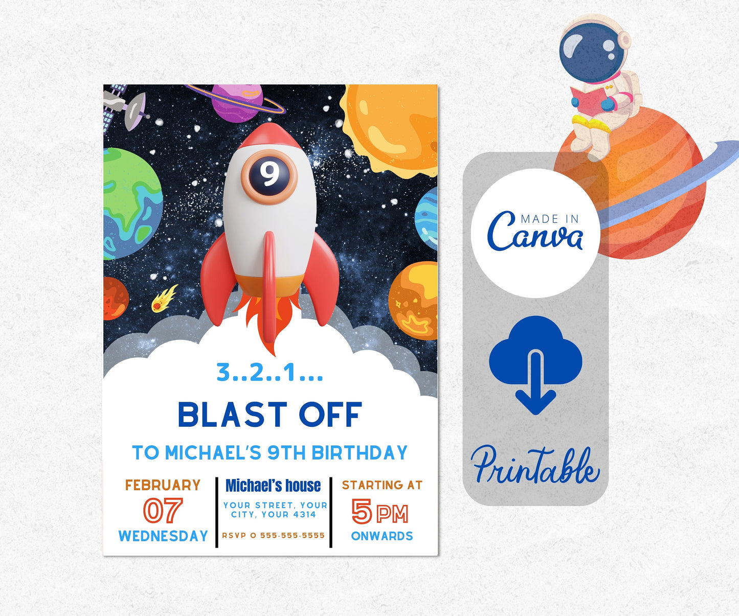 Space Boy Birthday Invitation, Editable Astronaut Outer Space Invite, Galaxy Party Invitation Template, Printable Space Birthday Invitation