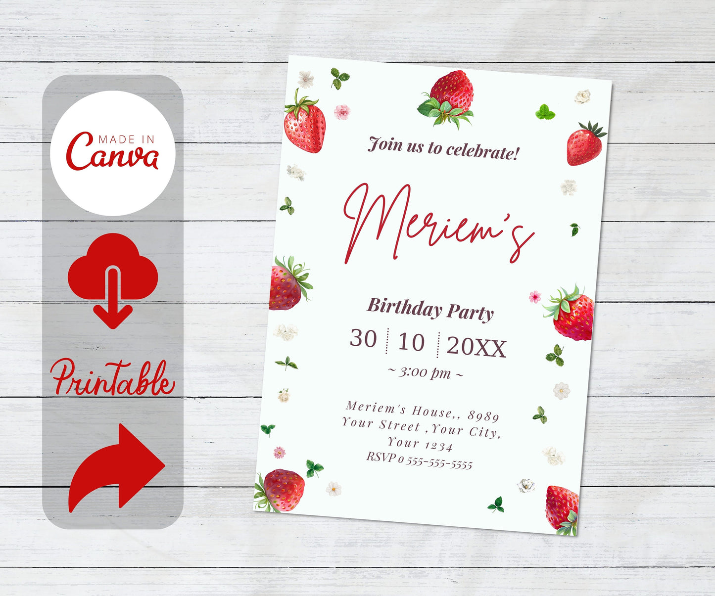 Berry First Birthday Invitation, Editable 1st Birthday Girl Invite, Printable Strawberry First Birthday Girl Invitation Template