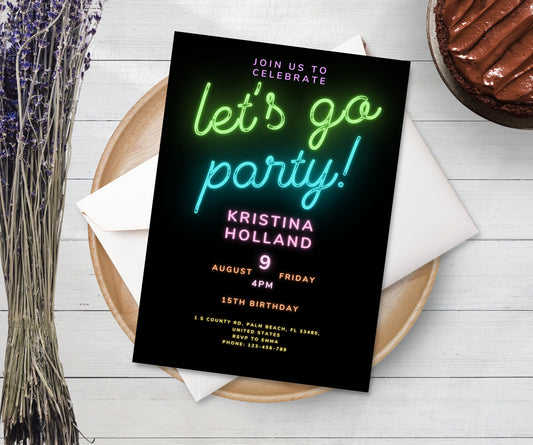 Let's Go Party Neon Birthday invitation, Let's Go Party Glow Black Invite, Editable Neon Birthday Invitation Template, Instant download