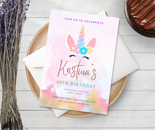 Editable Rainbow Unicorn Invitation, Printable Unicorn Colorful Birthday Template, Rainbow Magical Unicorn Birthday, Instant Download