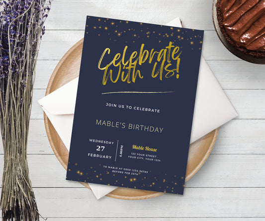 Editable Simple Party Invite, Printable Minimalist Birthday Invitation Template, Adult, Teen Invitation, Dark Blue Gold Invitations Template