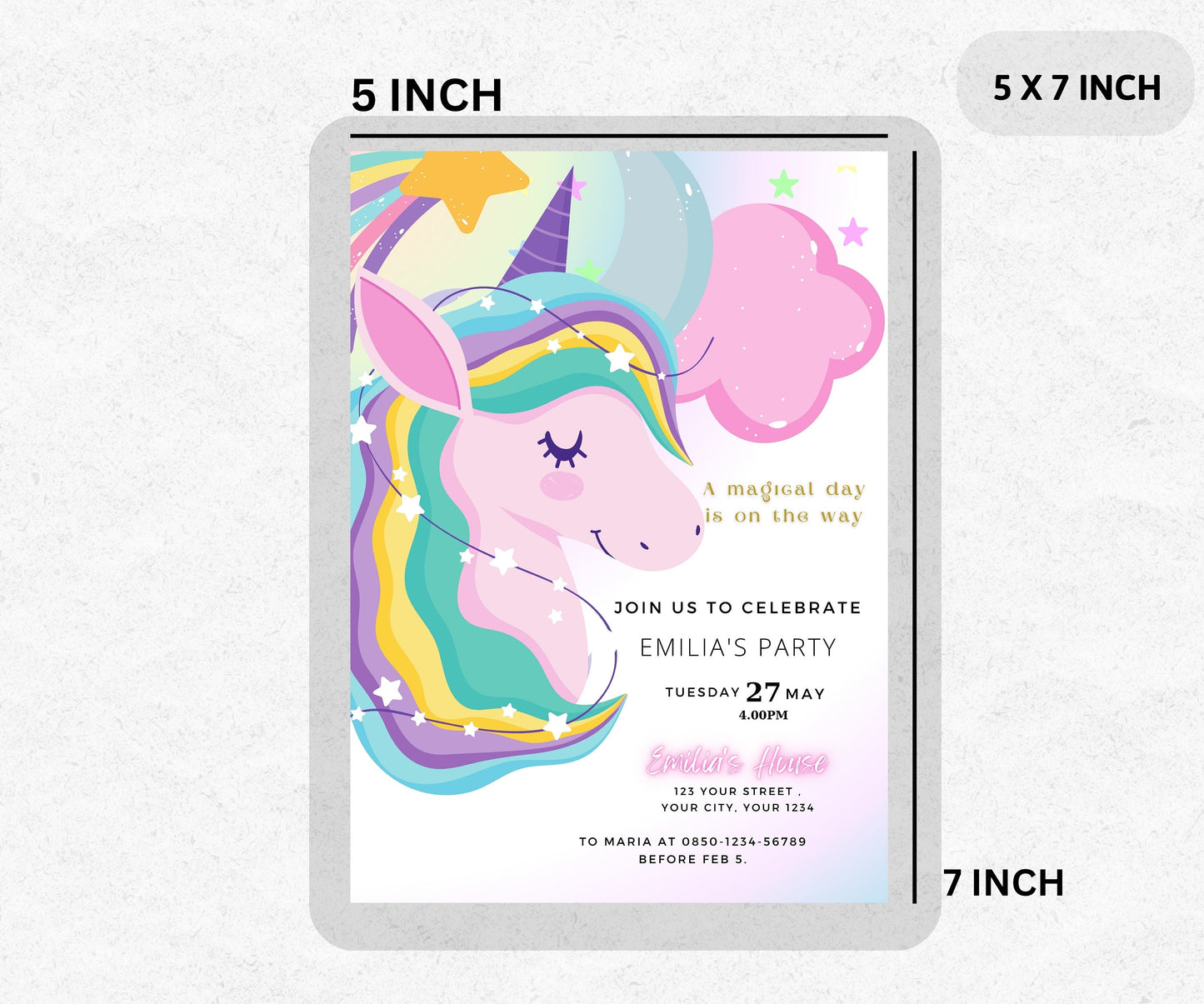 Unicorn Birthday Invitation Rainbow Unicorn Party Invite Pink Purple Unicorn Girl Birthday Invite Editable Unicorn Digital Download