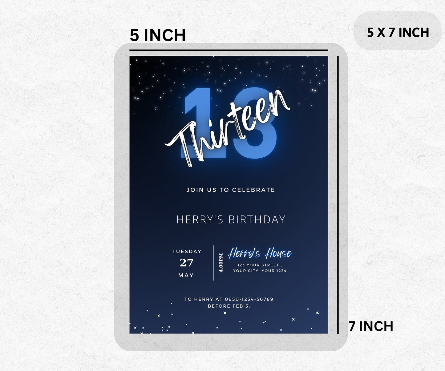 Editable Blue Neon Birthday Invitation, Printable 3th Blue Neon Digital Invitation,  Neon Blue Party Invite, Editable Neon Canva Template