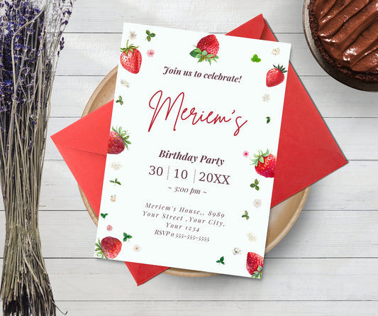 Berry First Birthday Invitation, Editable 1st Birthday Girl Invite, Printable Strawberry First Birthday Girl Invitation Template