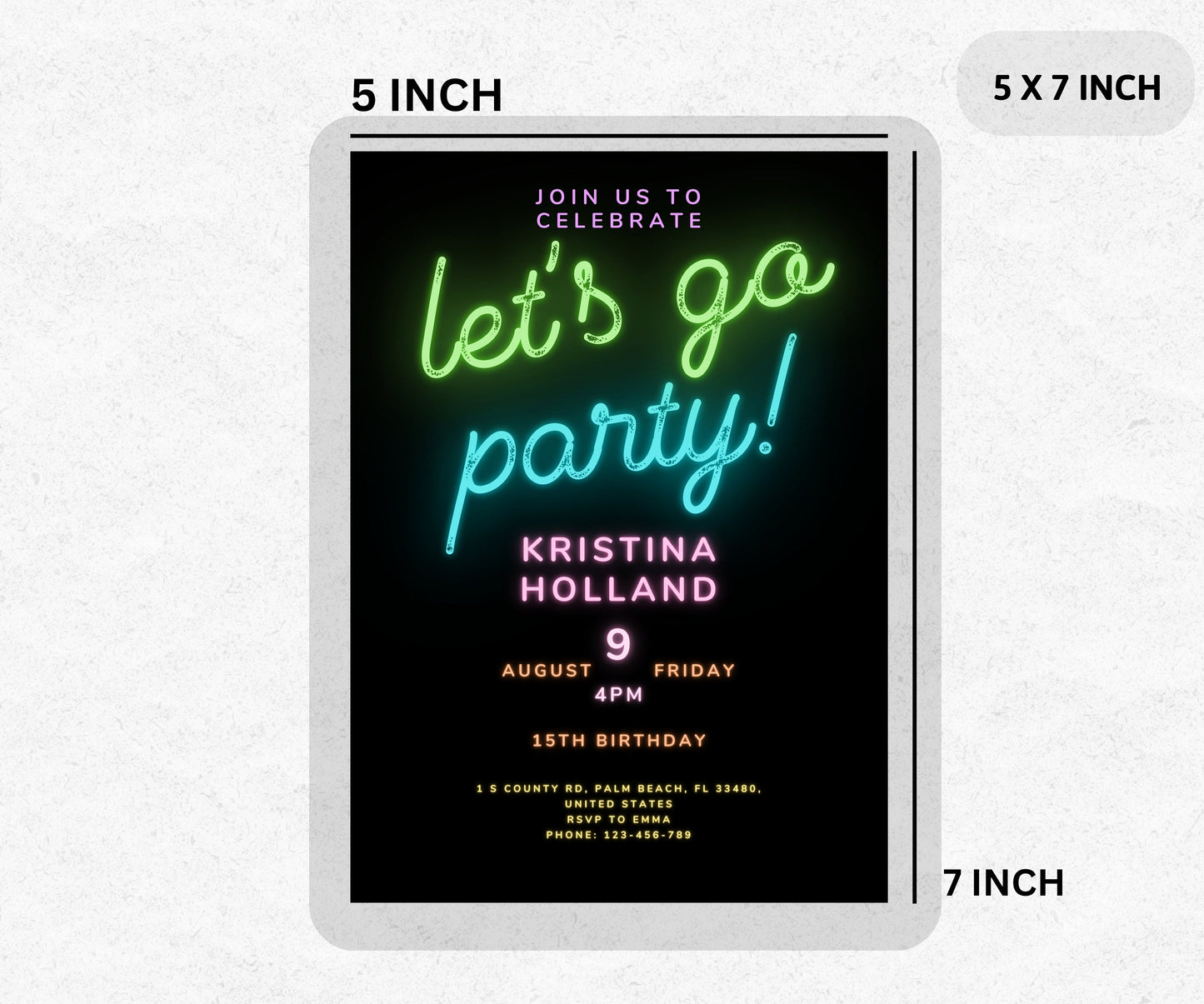 Let's Go Party Neon Birthday invitation, Let's Go Party Glow Black Invite, Editable Neon Birthday Invitation Template, Instant download