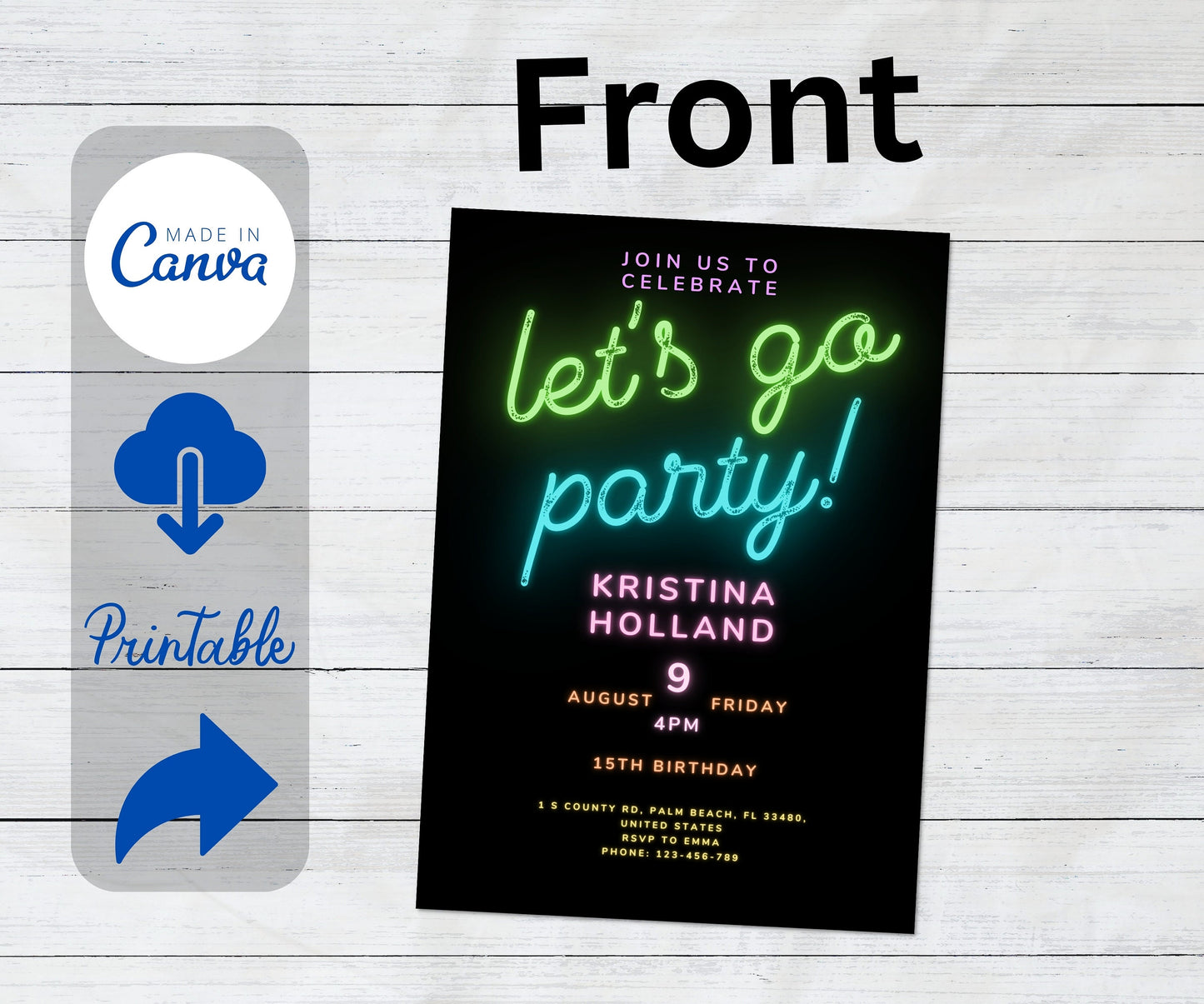 Let's Go Party Neon Birthday invitation, Let's Go Party Glow Black Invite, Editable Neon Birthday Invitation Template, Instant download