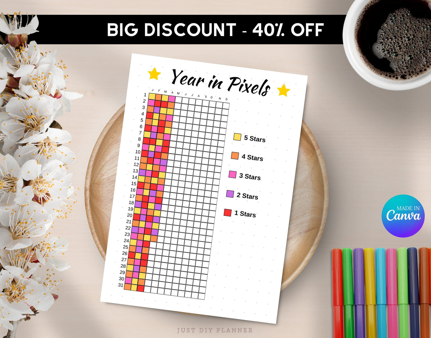 Year in Pixels - A5 Journal Page - PRINTABLE Tracker - Daily Tracker - Monthly Mood Tracker - Rate My Day - Year Tracker - Daily Rating Log