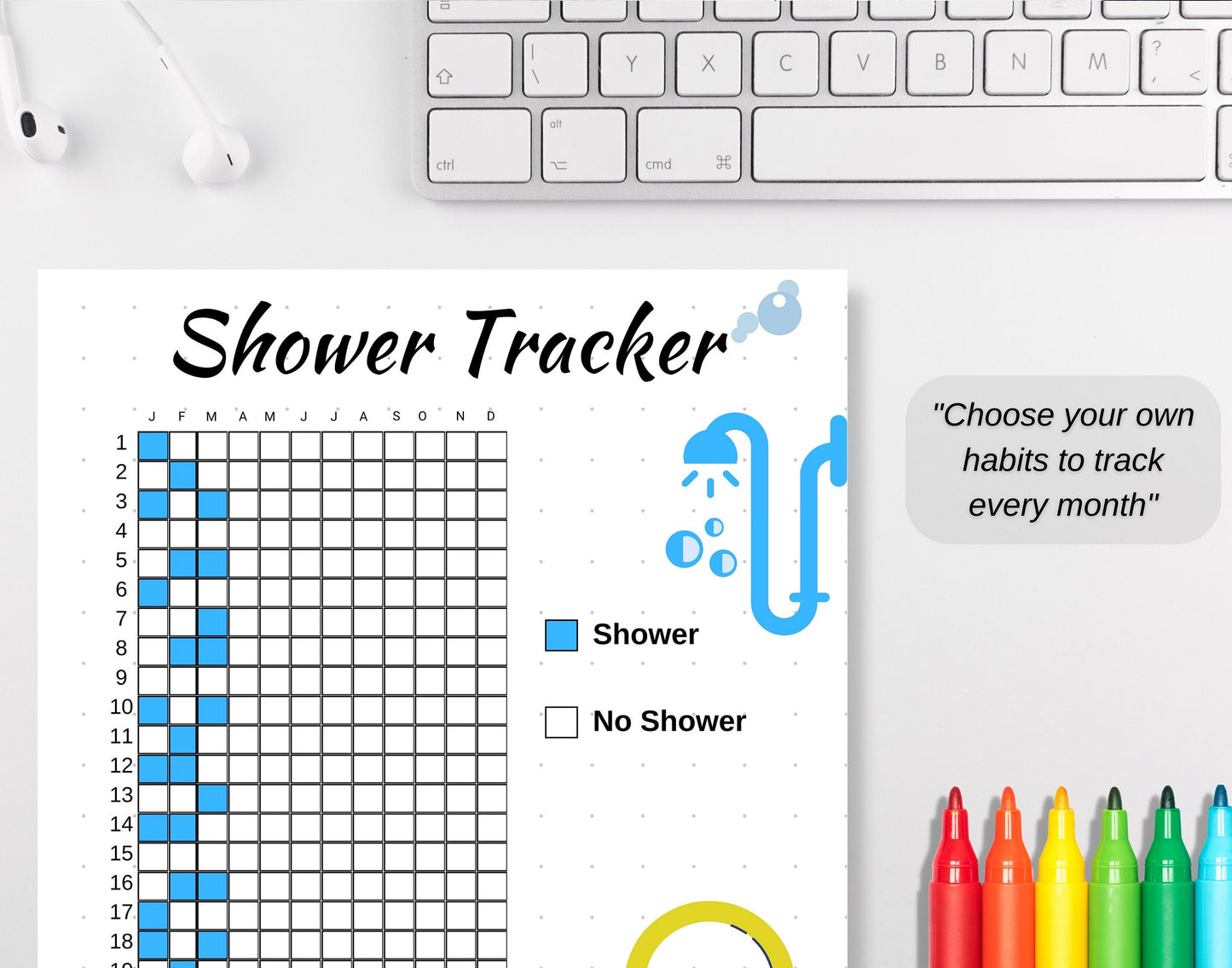 Shower Tracker, A5 Journal Page, PRINTABLE Shower Tracker, Daily Tracker, Digital Yearly Tracker, Hair Wash Tracker, Printable Journal Page