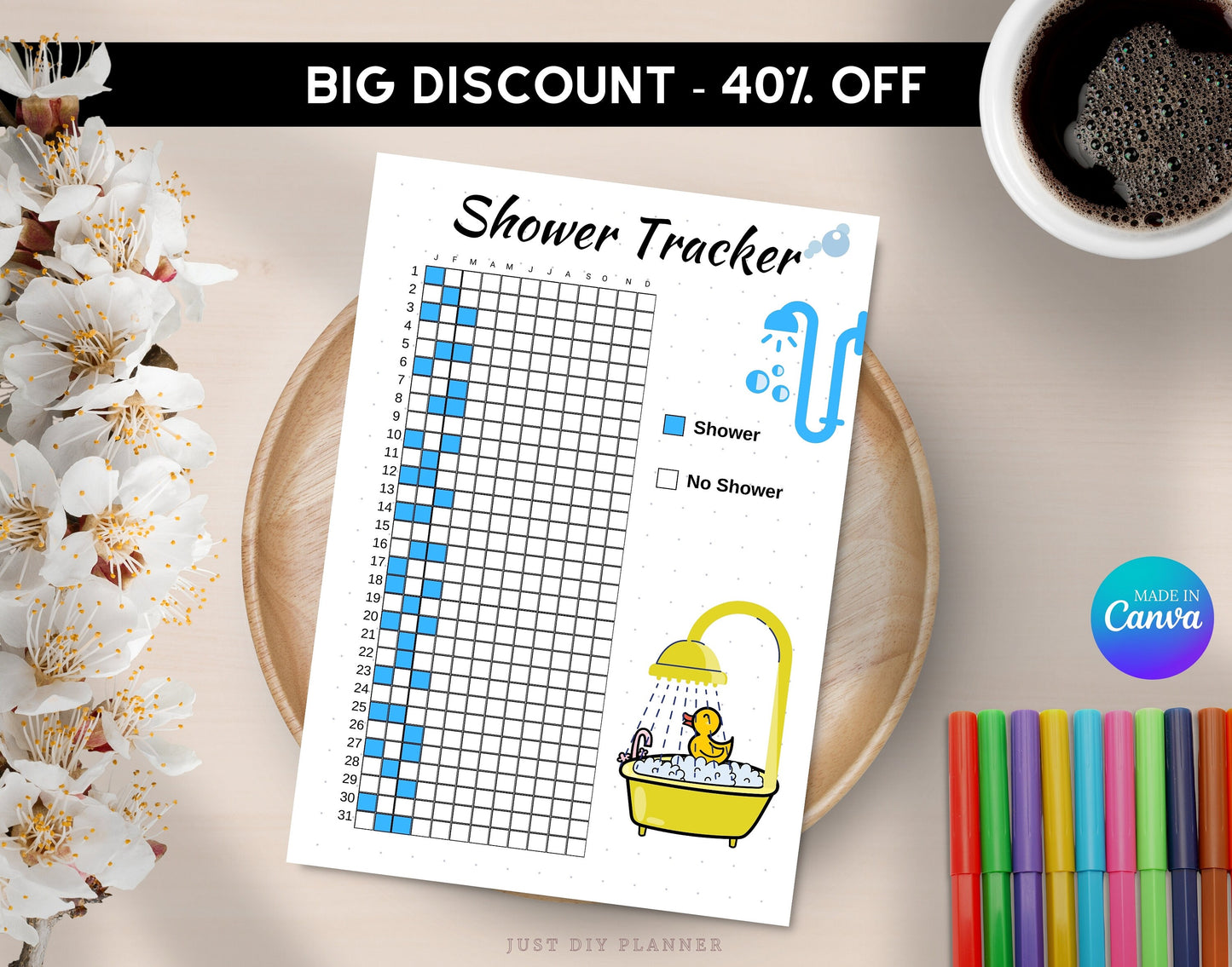 Shower Tracker, A5 Journal Page, PRINTABLE Shower Tracker, Daily Tracker, Digital Yearly Tracker, Hair Wash Tracker, Printable Journal Page