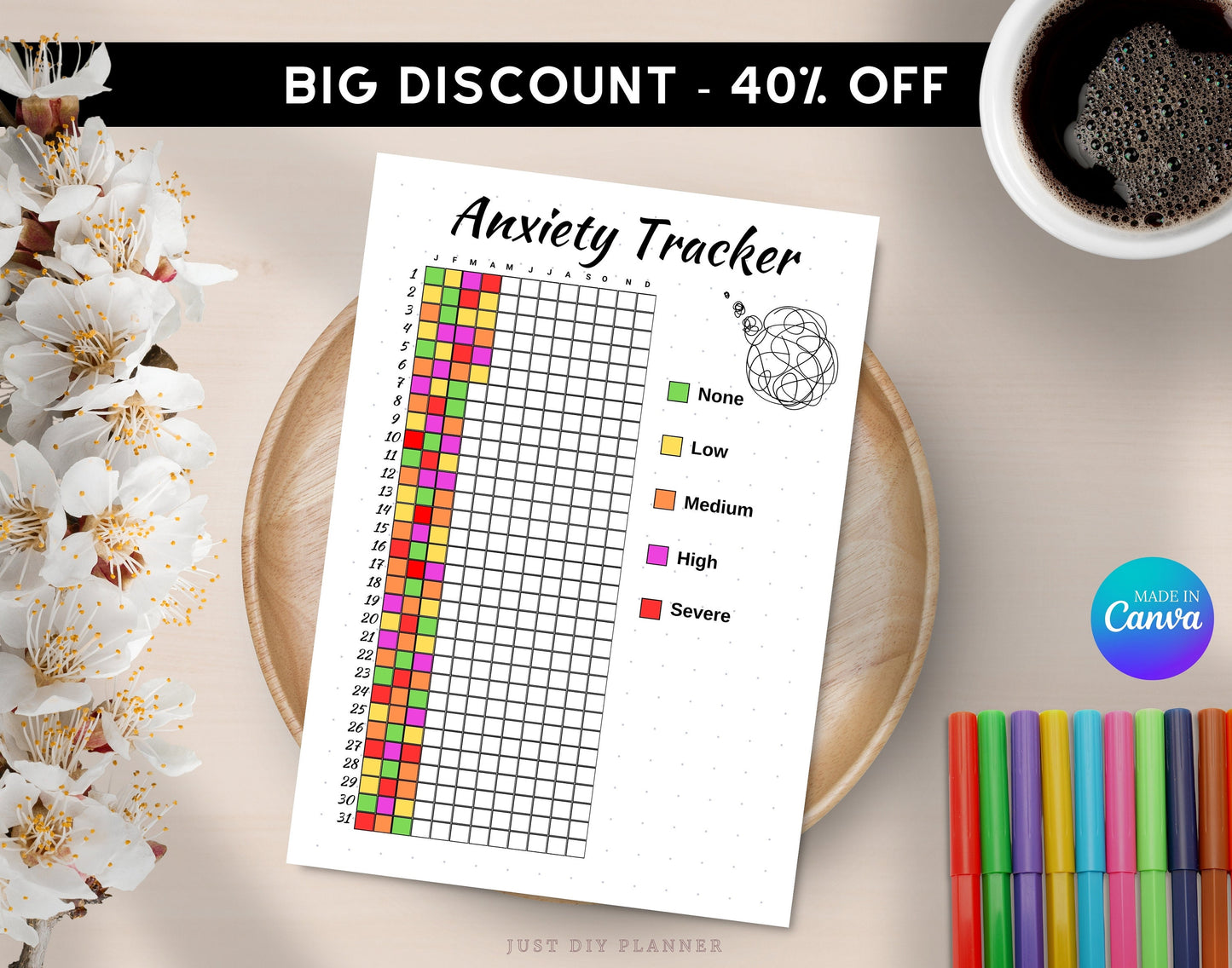 Anxiety Tracker Yearly, A5 Journal Page, PRINTABLE Tracker, Digital Habit Tracker, Monthly Anxiety Journal, Anxiety Worksheet, Mood Tracker