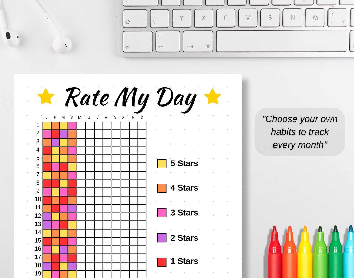 Rate My Day, A5 Journal Page, PRINTABLE Tracker, Daily Tracker, Yearly Daily Mood Tracker, Year In Pixels Monthly Tracker, Daily Rating Log