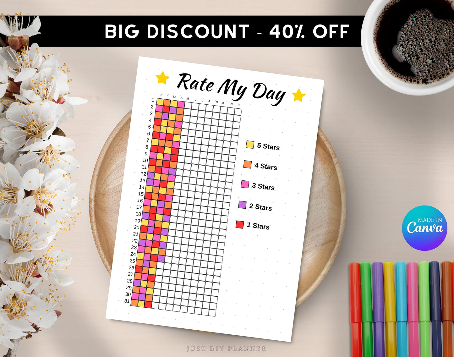 Rate My Day, A5 Journal Page, PRINTABLE Tracker, Daily Tracker, Yearly Daily Mood Tracker, Year In Pixels Monthly Tracker, Daily Rating Log