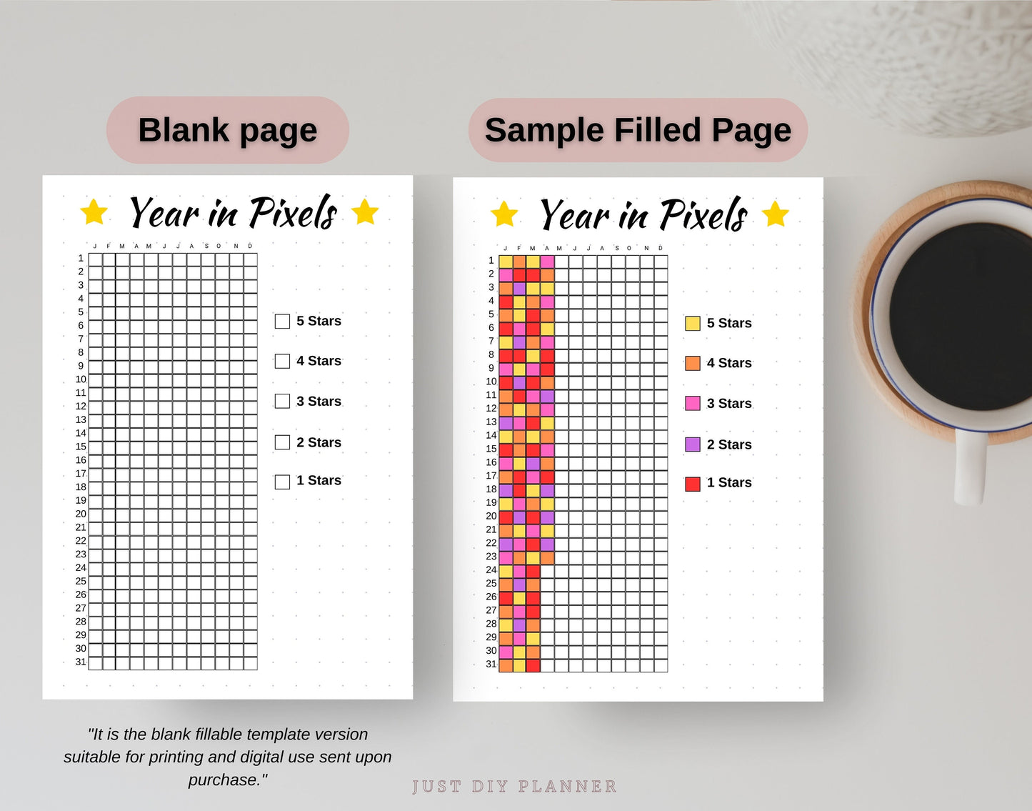 Year in Pixels - A5 Journal Page - PRINTABLE Tracker - Daily Tracker - Monthly Mood Tracker - Rate My Day - Year Tracker - Daily Rating Log