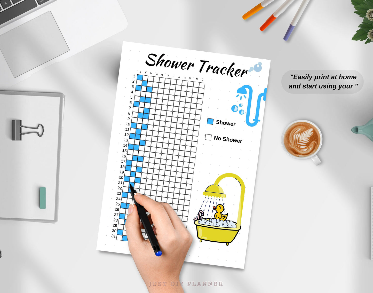 Shower Tracker, A5 Journal Page, PRINTABLE Shower Tracker, Daily Tracker, Digital Yearly Tracker, Hair Wash Tracker, Printable Journal Page