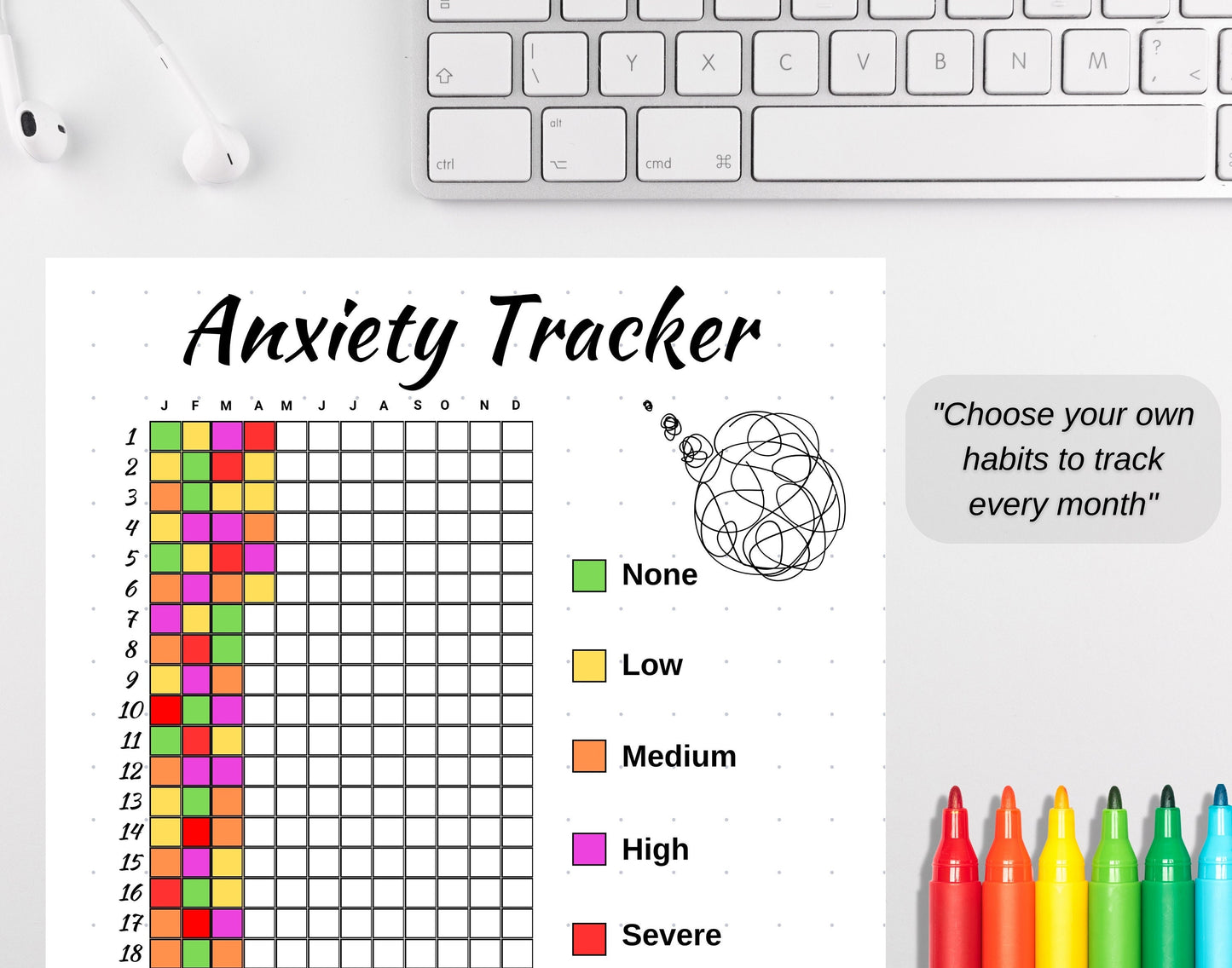 Anxiety Tracker Yearly, A5 Journal Page, PRINTABLE Tracker, Digital Habit Tracker, Monthly Anxiety Journal, Anxiety Worksheet, Mood Tracker