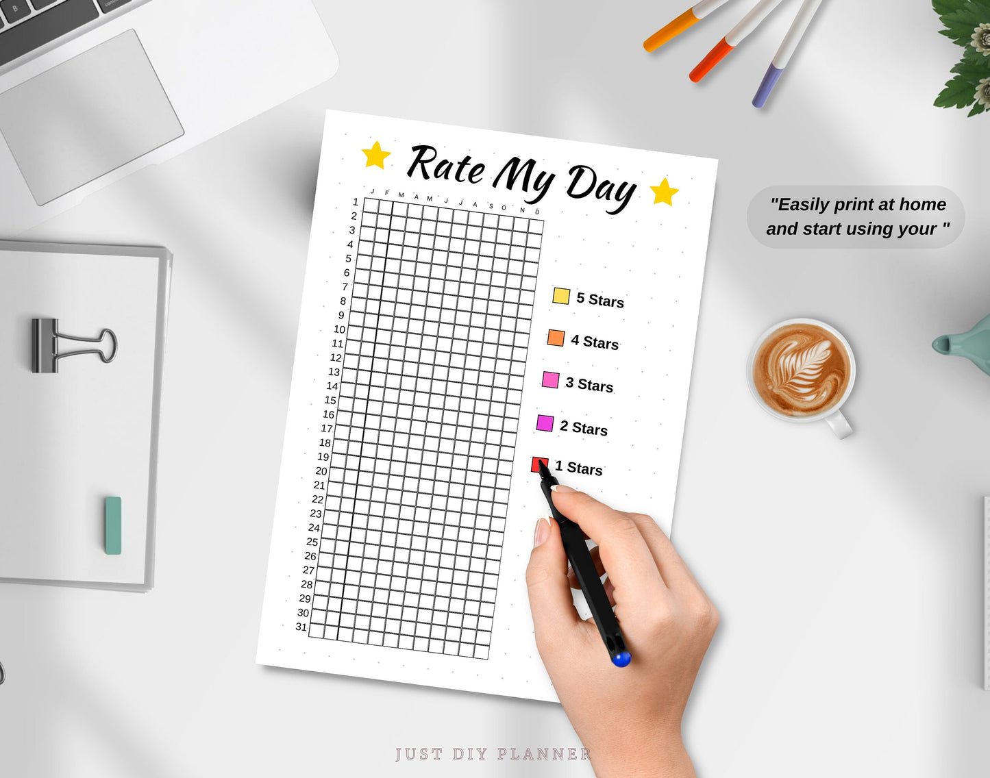 Rate My Day, A5 Journal Page, PRINTABLE Tracker, Daily Tracker, Yearly Daily Mood Tracker, Year In Pixels Monthly Tracker, Daily Rating Log