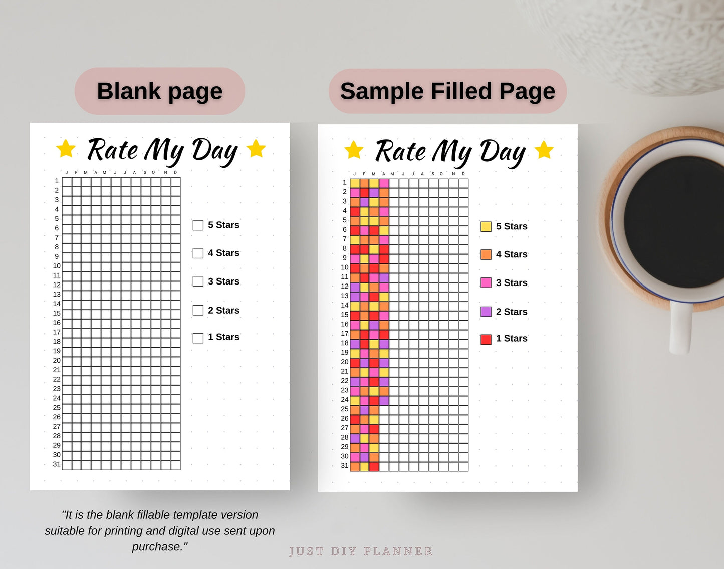 Rate My Day, A5 Journal Page, PRINTABLE Tracker, Daily Tracker, Yearly Daily Mood Tracker, Year In Pixels Monthly Tracker, Daily Rating Log