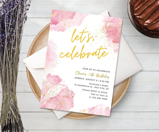 Blush Pink Let's Celebrate Invitation Template, Editable Pink Gold Birthday Party Invite, Printable Baby Shower Party Any Age Gold Glittery