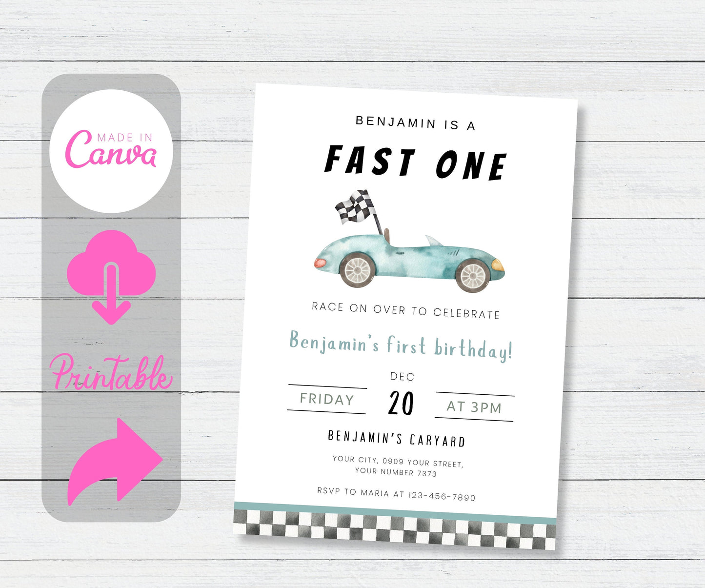 Fast One Birthday Invitation, Printable Race Car Birthday Invite, Editable 1st Birthday Boy Party Invitation First Birthday