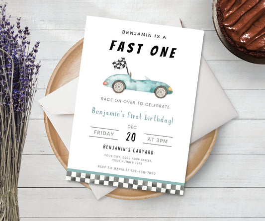 Fast One Birthday Invitation, Printable Race Car Birthday Invite, Editable 1st Birthday Boy Party Invitation First Birthday