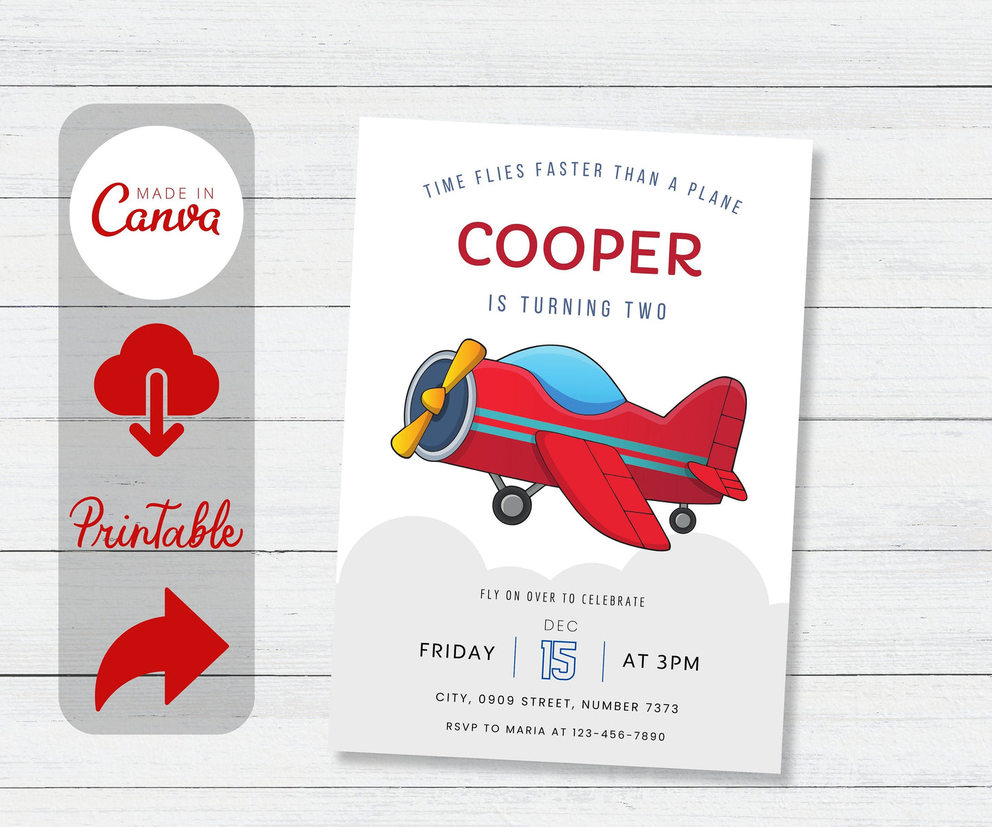 Airplane Birthday Invitation Template, Modern Red Plane Invitation, Cloudy Airplane Invitation, Editable Aviation Template, INSTANT DOWNLOAD