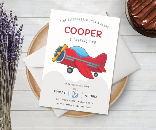 Airplane Birthday Invitation Template, Modern Red Plane Invitation, Cloudy Airplane Invitation, Editable Aviation Template, INSTANT DOWNLOAD