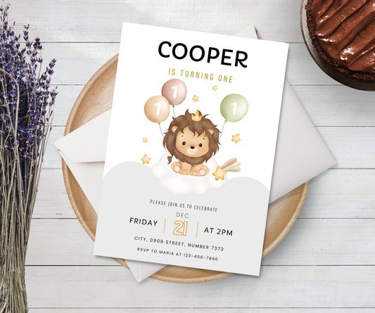 Lion Birthday invitation Template, Animal 1st First Birthday, Lion Birthday, 1st Birthday Lion, Printable Watercolor Birthday invite