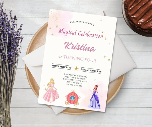 Princess Birthday Invitation Princess Invitation Princess Party Invitation Girl Princesses Invitations Watercolor EDITABLE Instant Digital