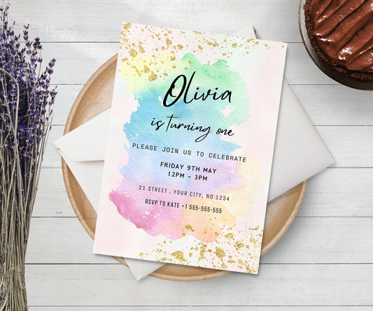 Pastel Rainbow Birthday Invitation | Colorful Watercolor Gold Glitter Sprinkles | 1st Birthday | 2nd Birthday | Ombre Pastel Invitation