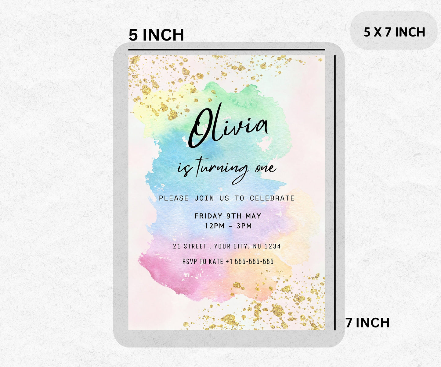 Pastel Rainbow Birthday Invitation | Colorful Watercolor Gold Glitter Sprinkles | 1st Birthday | 2nd Birthday | Ombre Pastel Invitation