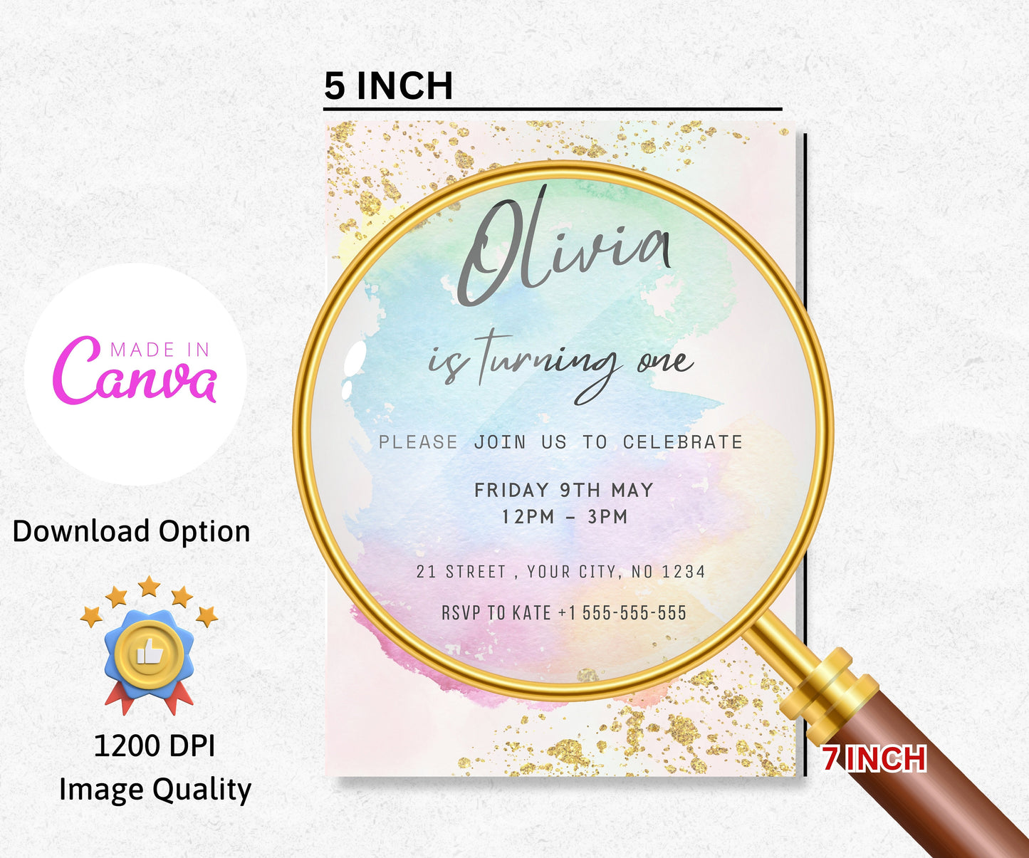 Pastel Rainbow Birthday Invitation | Colorful Watercolor Gold Glitter Sprinkles | 1st Birthday | 2nd Birthday | Ombre Pastel Invitation