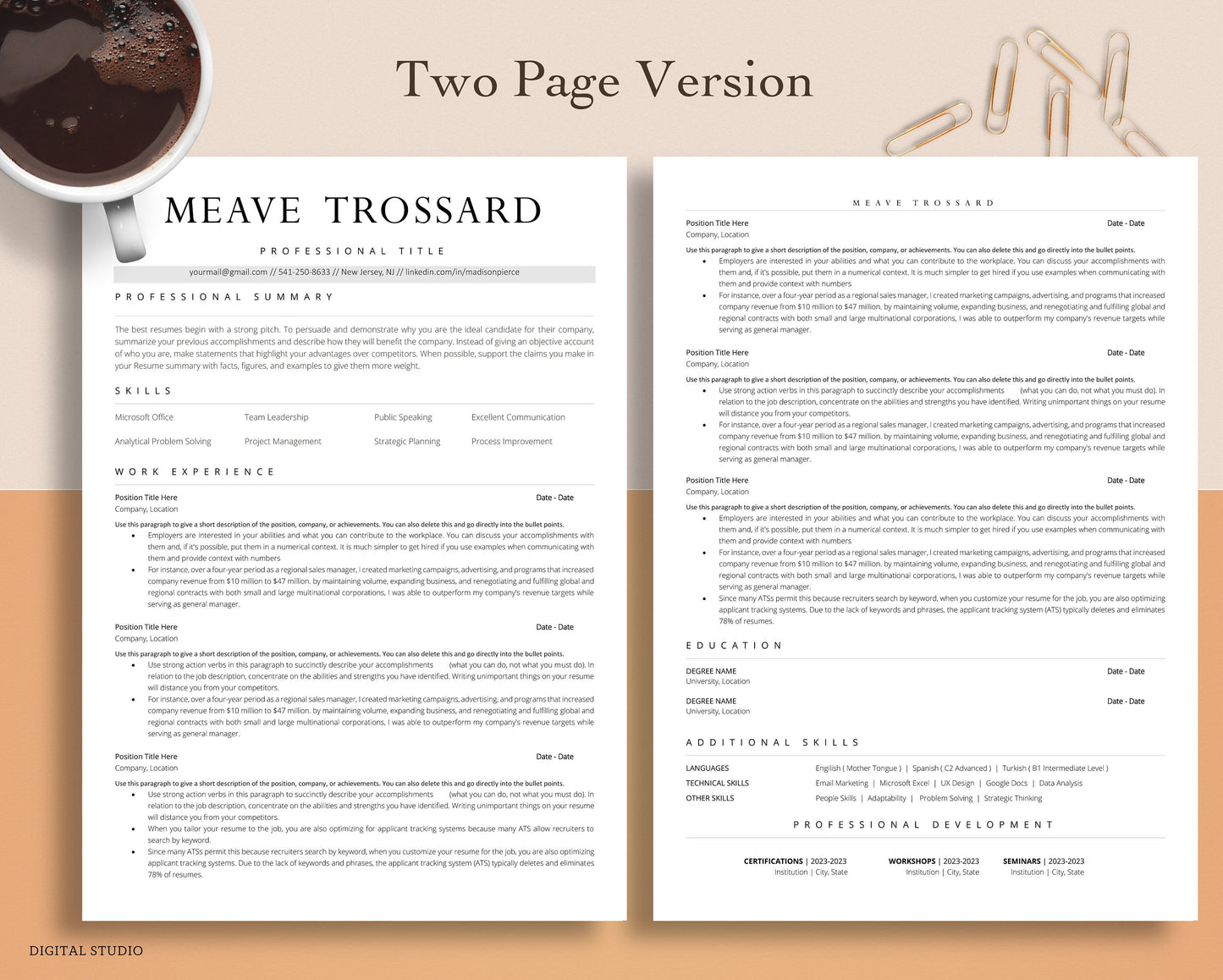 ATS Friendly Resume Template for Word and Pages Resume, Google Docs, ATS Compatible Resume Template, Professional Executive Resume Template