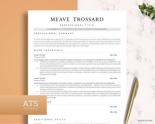 ATS Friendly Resume Template for Word and Pages Resume, Google Docs, ATS Compatible Resume Template, Professional Executive Resume Template