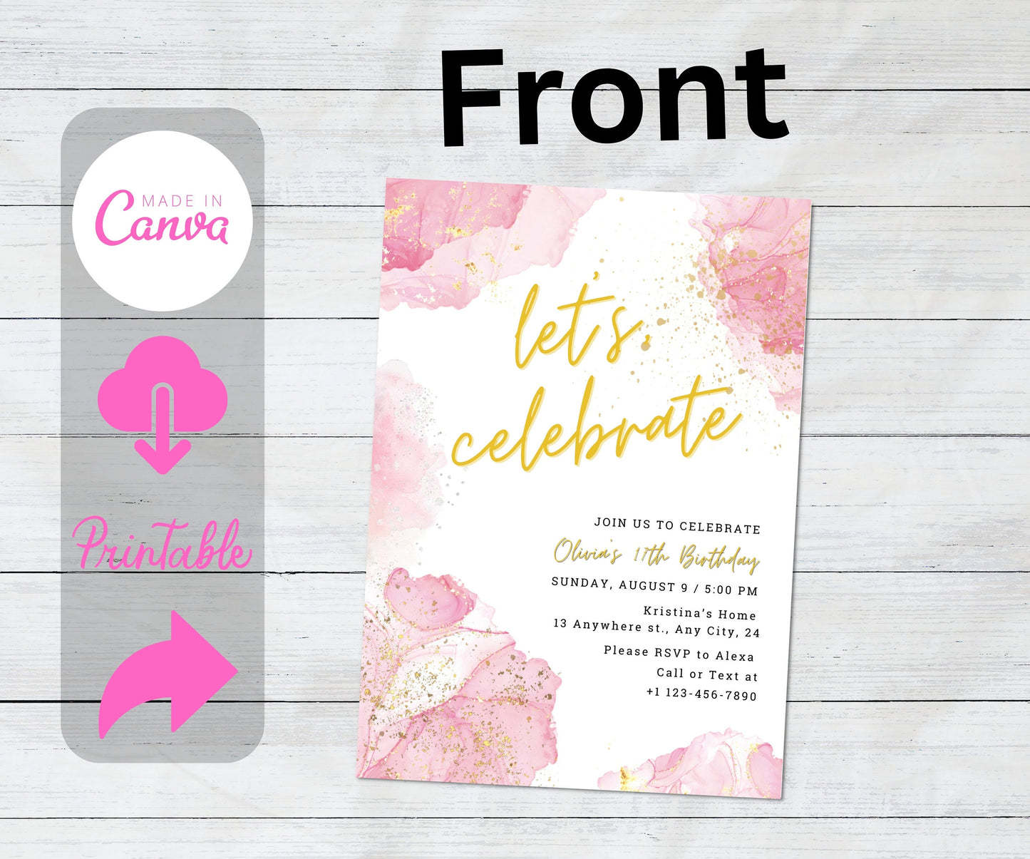 Blush Pink Let's Celebrate Invitation Template, Editable Pink Gold Birthday Party Invite, Printable Baby Shower Party Any Age Gold Glittery