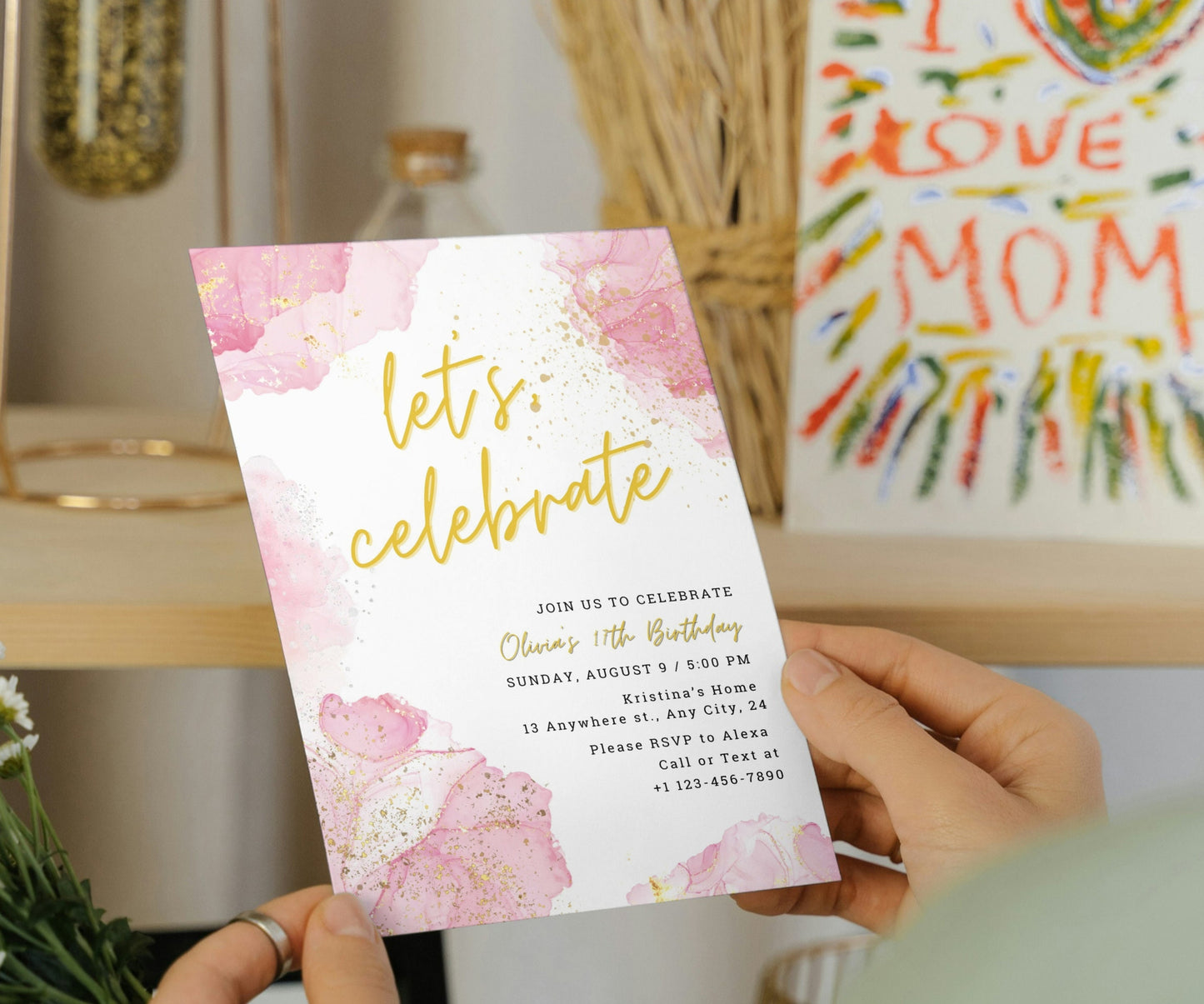 Blush Pink Let's Celebrate Invitation Template, Editable Pink Gold Birthday Party Invite, Printable Baby Shower Party Any Age Gold Glittery