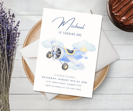 Editable Airplane 1st Birthday Invitation, Fly On Over to Celebrate, 1st Birthday Invitation, Boy Airplane Party Invite, Boy 1st Birthday,