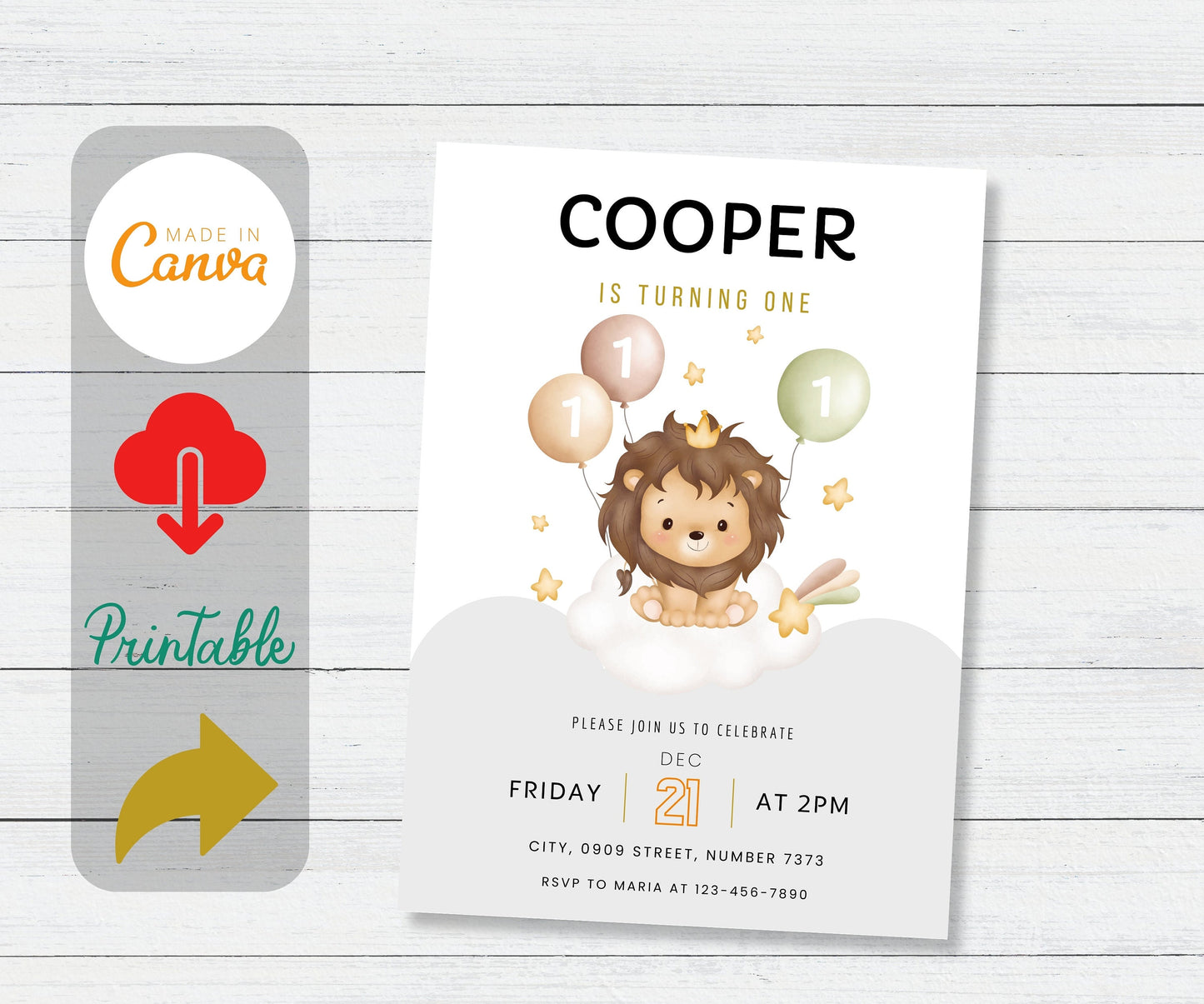 Lion Birthday invitation Template, Animal 1st First Birthday, Lion Birthday, 1st Birthday Lion, Printable Watercolor Birthday invite