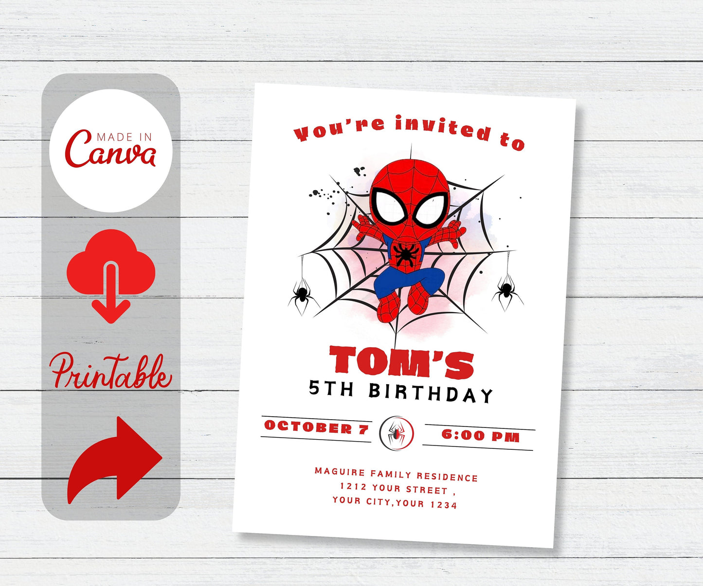 Editable Spider man Birthday Invitation Template, Printable Birthday Party Invitation, Spiderman Card, Digital Kids Party Invite Template