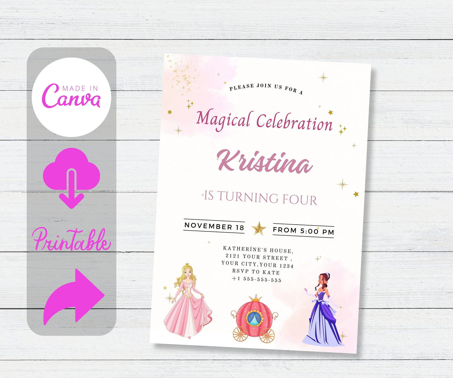 Princess Birthday Invitation Princess Invitation Princess Party Invitation Girl Princesses Invitations Watercolor EDITABLE Instant Digital