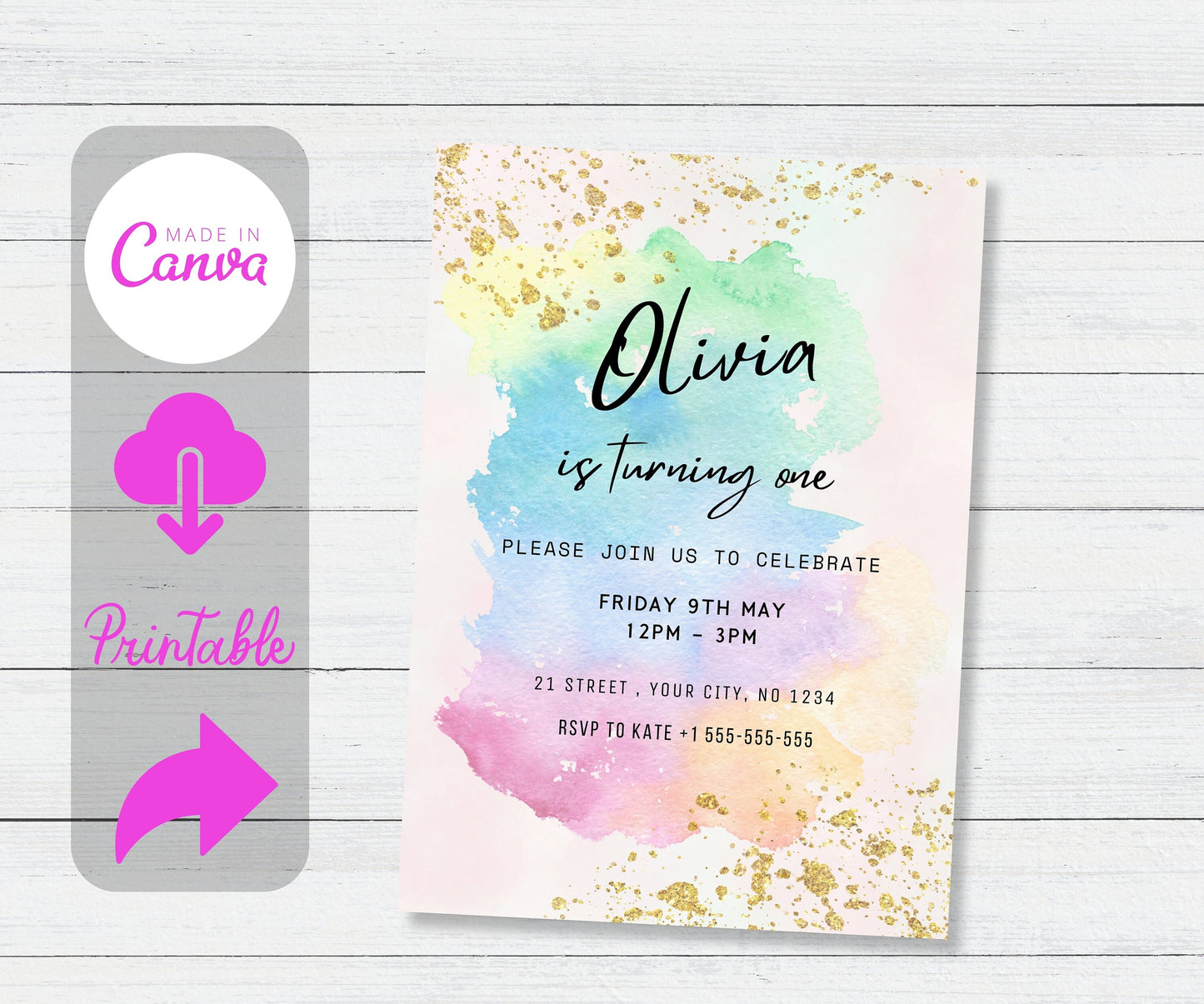 Pastel Rainbow Birthday Invitation | Colorful Watercolor Gold Glitter Sprinkles | 1st Birthday | 2nd Birthday | Ombre Pastel Invitation