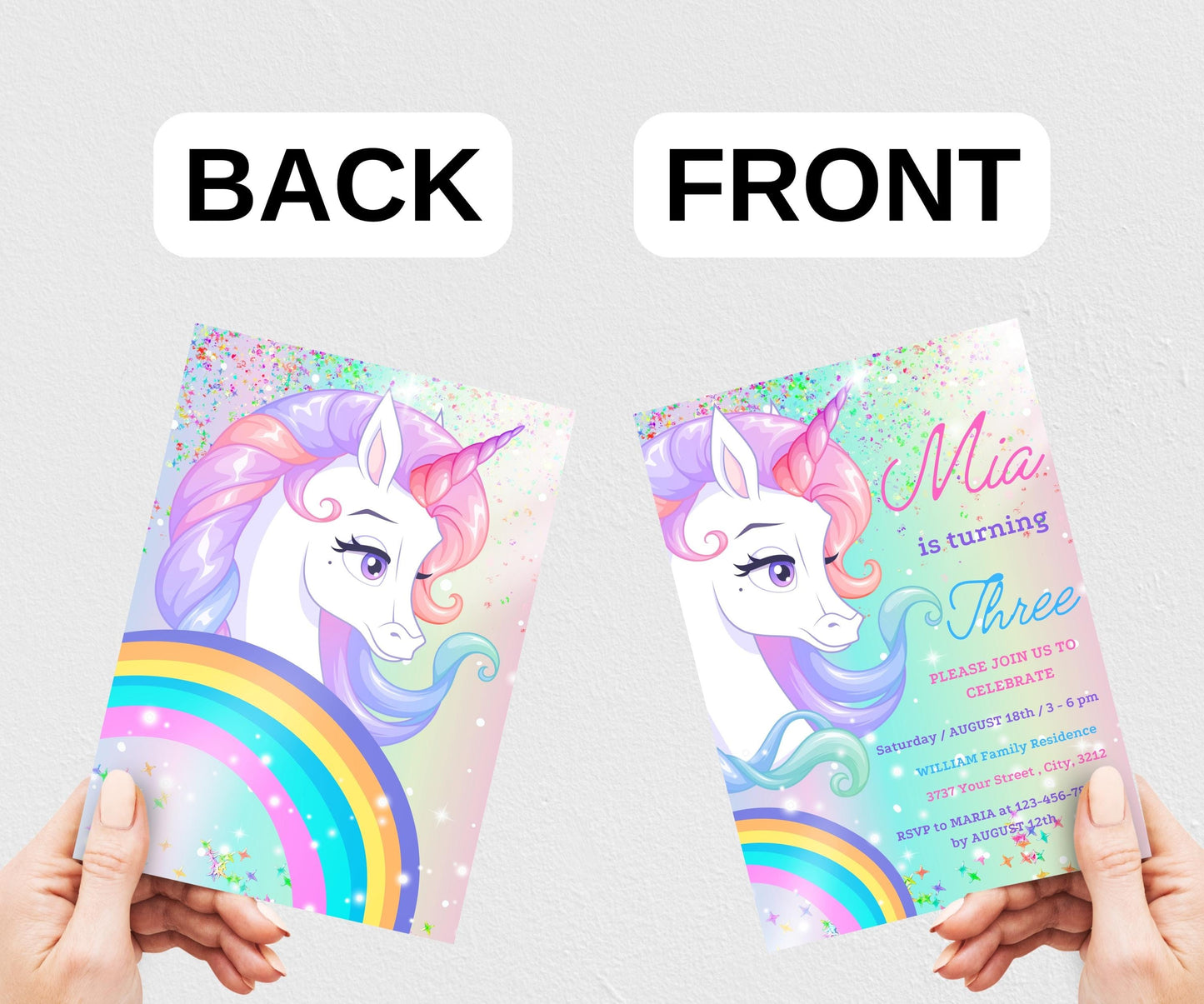 Unicorn Birthday Invitation | Pastel Rainbow Party Invite | Sparkle Design | Downloadable Printable Canva Template for Girls